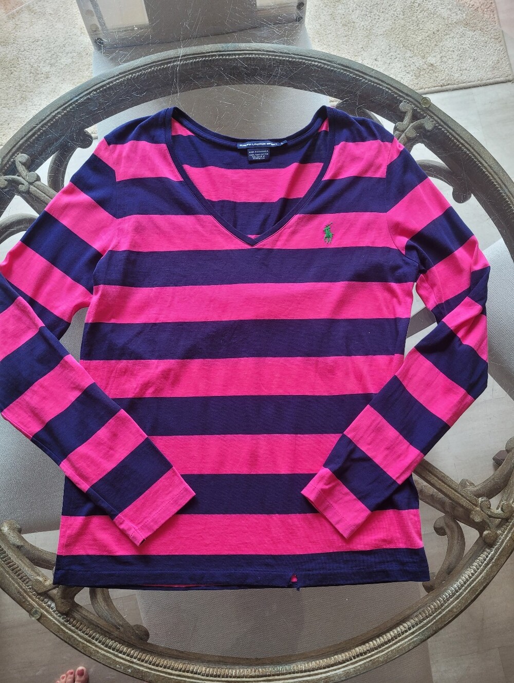 Ralph Lauren Pink & Navy Striped V-Neck Long Sleeve Top Large